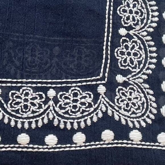 Hollister Cotton Navy, White Boho Floral Embroidered Scarf with Tassels, 30" Sq. - Picture 2 of 6